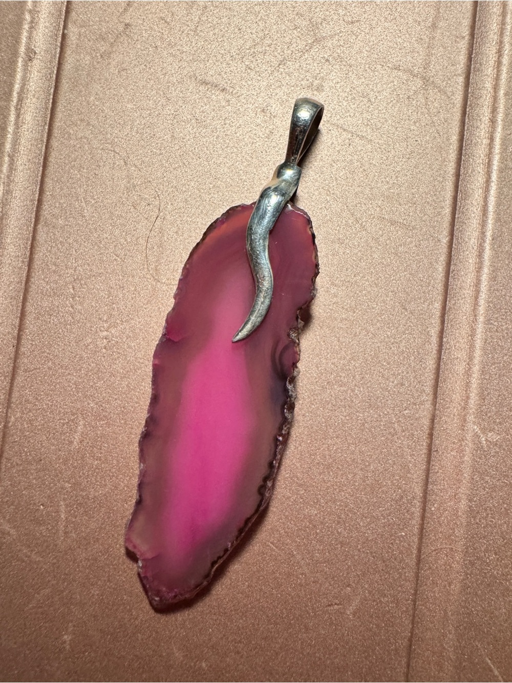 Pink Agate Slice Pendant with 925 Sterling Silver Bail